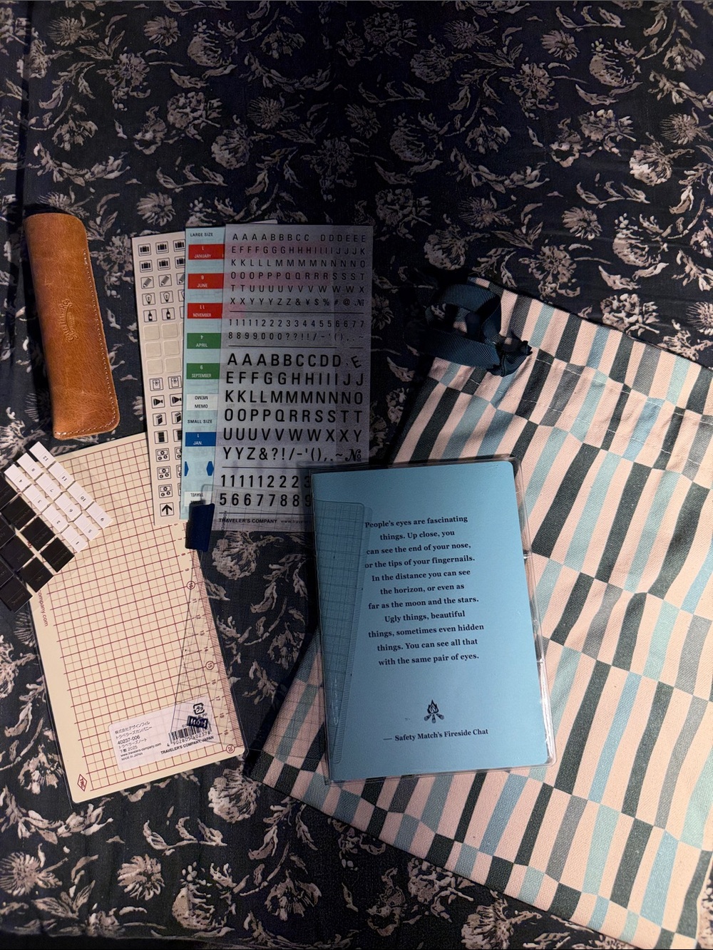 Blue Striped Home Office Tote Bag and planner supplies